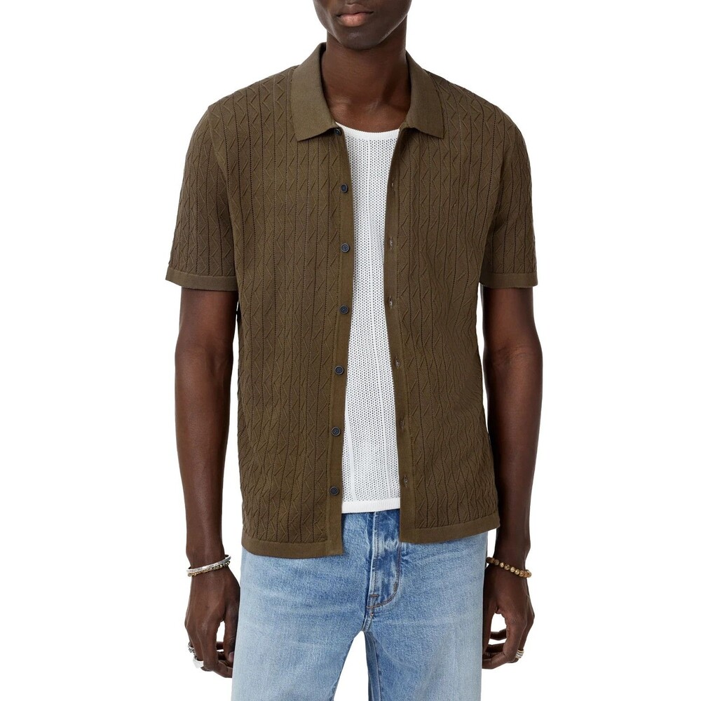 JOHN VARVATOS Shirt Mens Large Brown Button Up Textured Knit MOORE $268